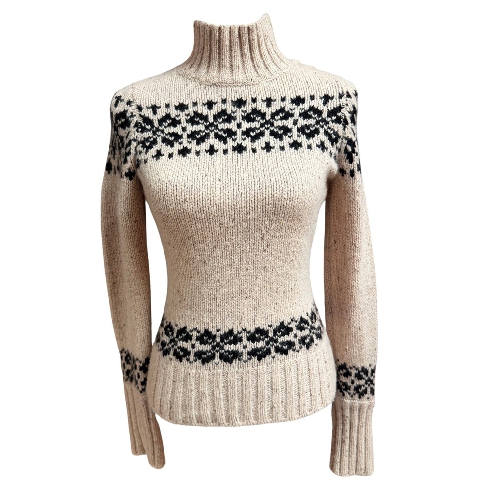 Vince Cashmere Fair Isle Turtleneck 100% Cashmere Sweater Beige Black Soft Cozy